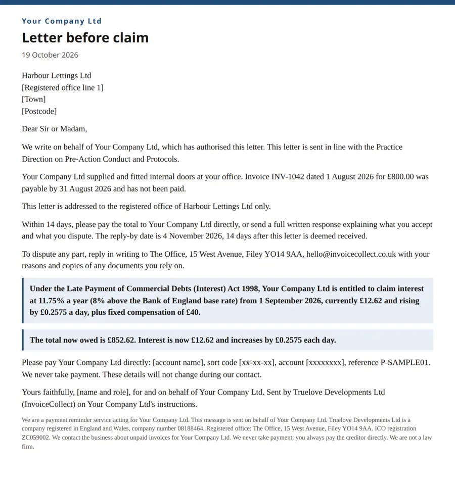 Sample letter before claim from Your Company Ltd to Harbour Lettings Ltd, with the late payment interest and compensation.